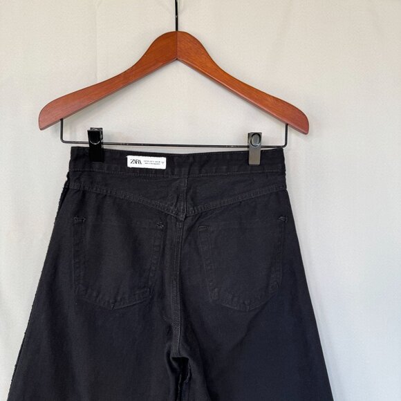 Zara Black 100% Cotton Rigid Denim Curved Horse Shoe Wide Leg Jeans Size 4 - Picture 8 of 10